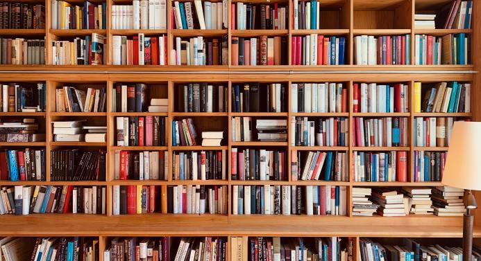 Ruskea kirjahylly täynnä erivärisiä kirjoja. Taustalla näkyy pöytälamppu.